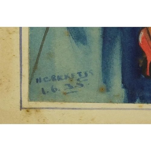 895 - H.C.Riketts 1.6.35 - Noblesse Oblige, comical watercolour young boy holding an umbrella in the rain ... 