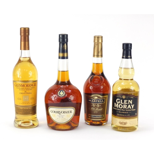 71 - Two bottles of whiskey and two bottles of cognac comprising Glenmorangie Ten Year Old, Glen Moray, M... 