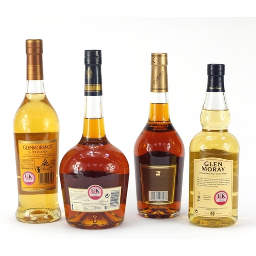 71 - Two bottles of whiskey and two bottles of cognac comprising Glenmorangie Ten Year Old, Glen Moray, M... 