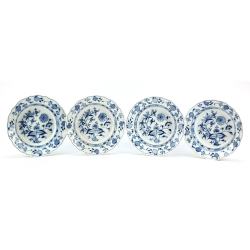 855 - Four Meissen soup plates, each hand painted in the Blue Onion pattern, crossed sword marks to the ba... 