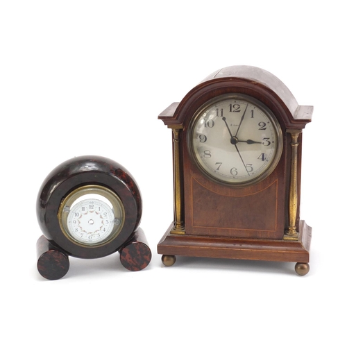 996 - Inlaid mahogany eight day mantel clock and a serpentine marble clock case, the largest 21cm high