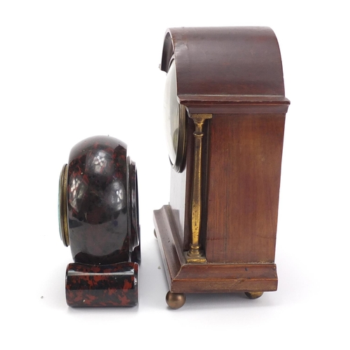 996 - Inlaid mahogany eight day mantel clock and a serpentine marble clock case, the largest 21cm high