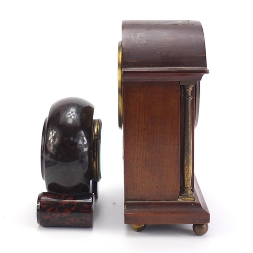 996 - Inlaid mahogany eight day mantel clock and a serpentine marble clock case, the largest 21cm high