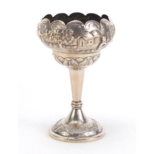 516 - Indian silver tapering vase embossed with farmers and cattle, 12cm high, 79.8g