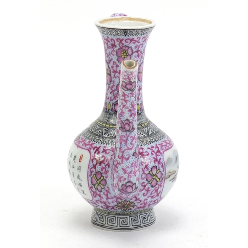 305 - Chinese porcelain wine jug, hand painted in the famille rose palette with a snowy landscape and call... 