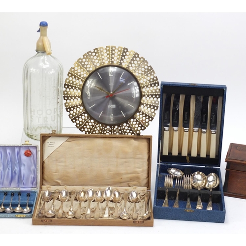 1523 - Sundry items including an oil lamp, advertising soda syphon, inlaid box, Smith's clock and cutlery s... 