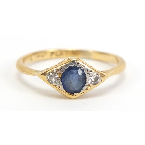 1105 - Art Deco 18ct gold sapphire and diamond ring, size H, 1.6g