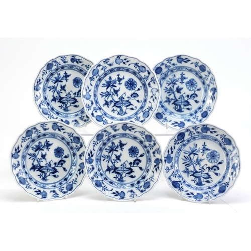 857 - Six Meissen tea plates, each hand painted in the Blue Onion pattern, crossed sword marks to the base... 