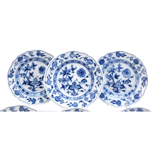 857 - Six Meissen tea plates, each hand painted in the Blue Onion pattern, crossed sword marks to the base... 