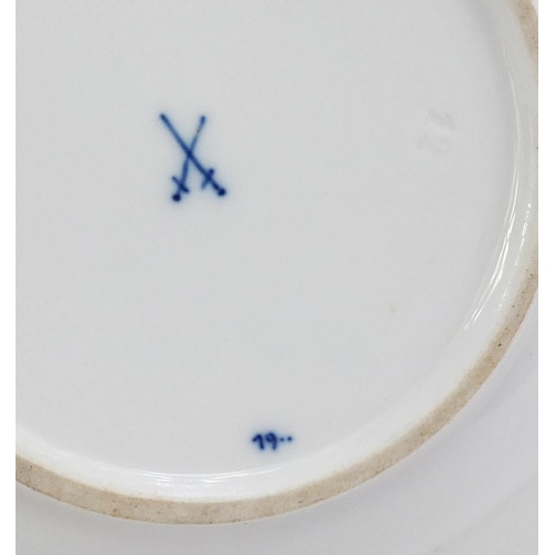 857 - Six Meissen tea plates, each hand painted in the Blue Onion pattern, crossed sword marks to the base... 