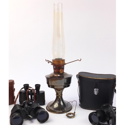 1530 - Sundry items including vintage black Bakelite telephone, three pairs of binoculars and an oil lamp