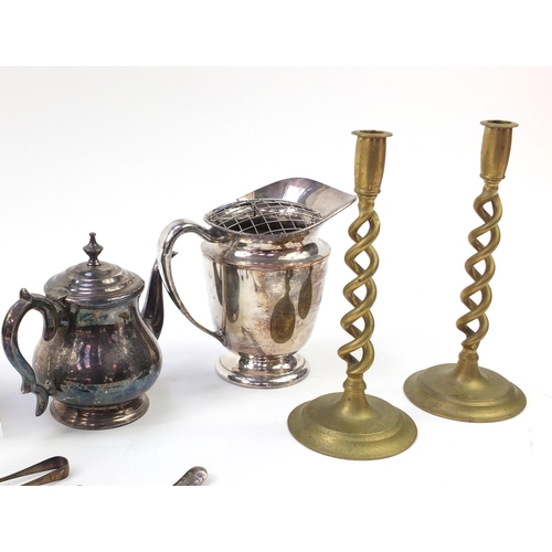 1529 - Metalware including a pair of brass candlesticks and silver plated cruet stand with glass bottles, t... 