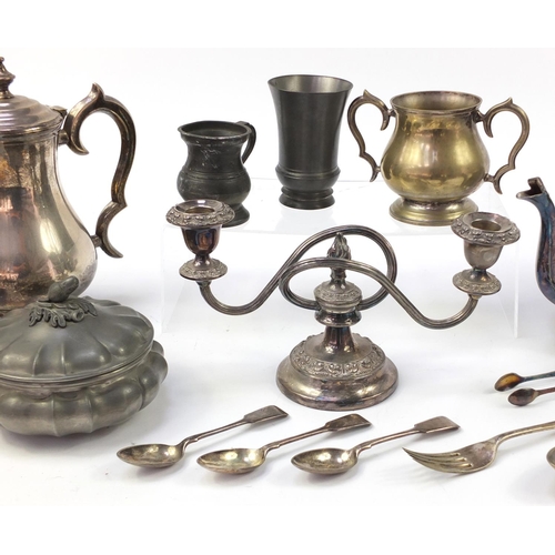 1529 - Metalware including a pair of brass candlesticks and silver plated cruet stand with glass bottles, t... 