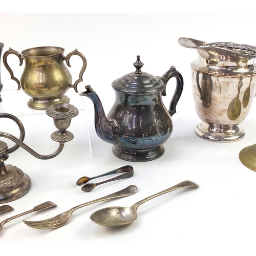 1529 - Metalware including a pair of brass candlesticks and silver plated cruet stand with glass bottles, t... 