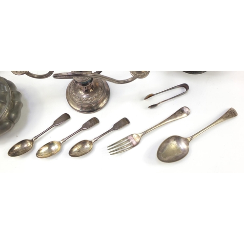 1529 - Metalware including a pair of brass candlesticks and silver plated cruet stand with glass bottles, t... 