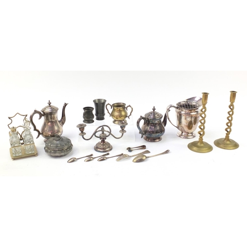 1529 - Metalware including a pair of brass candlesticks and silver plated cruet stand with glass bottles, t... 