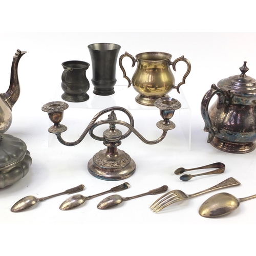 1529 - Metalware including a pair of brass candlesticks and silver plated cruet stand with glass bottles, t... 