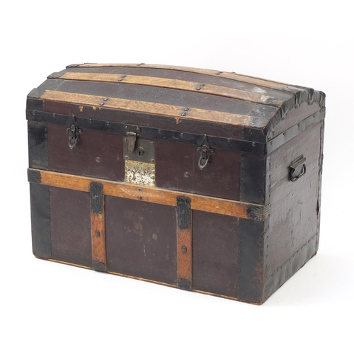 1593 - Victorian wooden bound dome top travelling trunk with carrying handles, 56cm H x 75.5cm W x 46cm D