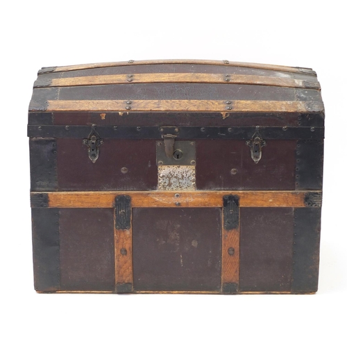 1593 - Victorian wooden bound dome top travelling trunk with carrying handles, 56cm H x 75.5cm W x 46cm D