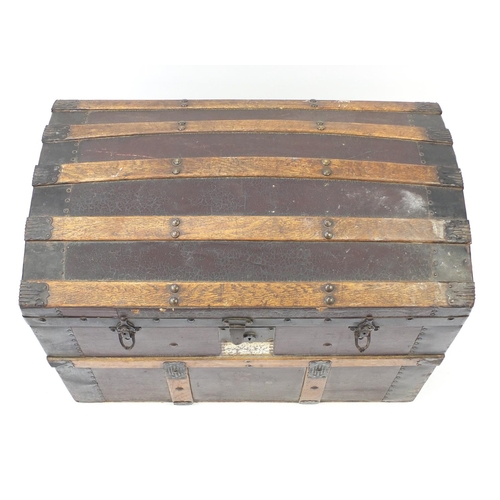 1593 - Victorian wooden bound dome top travelling trunk with carrying handles, 56cm H x 75.5cm W x 46cm D