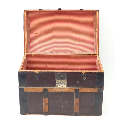 1593 - Victorian wooden bound dome top travelling trunk with carrying handles, 56cm H x 75.5cm W x 46cm D