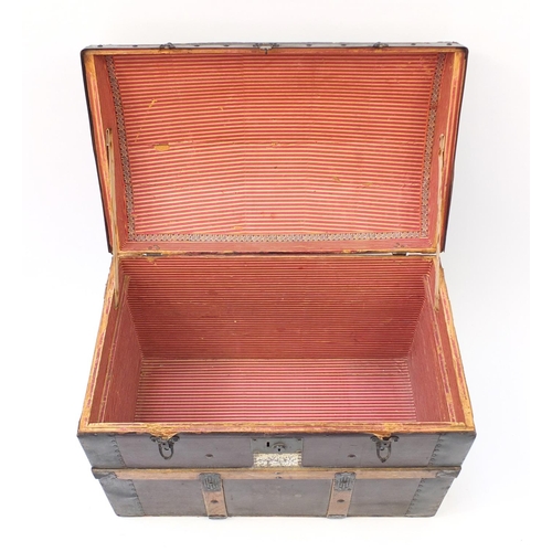 1593 - Victorian wooden bound dome top travelling trunk with carrying handles, 56cm H x 75.5cm W x 46cm D