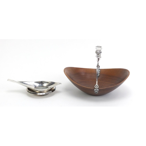 459 - Modernist Continental silver tea strainer on stand, and teak basket with 800 grade silver swing hand... 