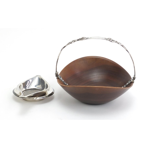 459 - Modernist Continental silver tea strainer on stand, and teak basket with 800 grade silver swing hand... 