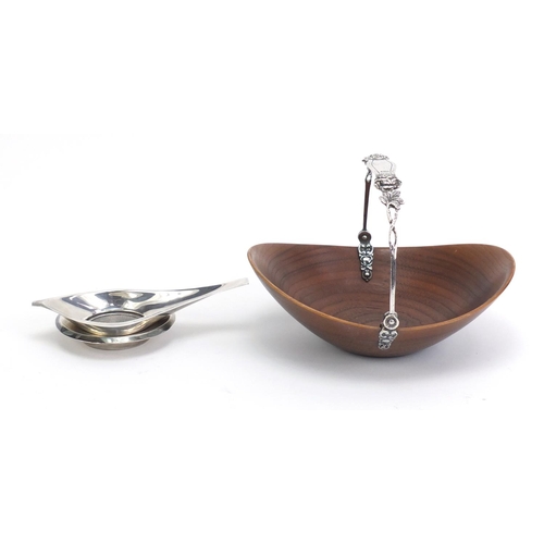 459 - Modernist Continental silver tea strainer on stand, and teak basket with 800 grade silver swing hand... 