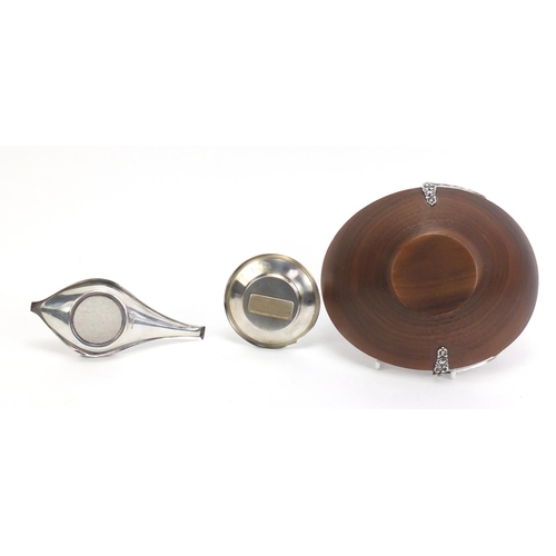 459 - Modernist Continental silver tea strainer on stand, and teak basket with 800 grade silver swing hand... 