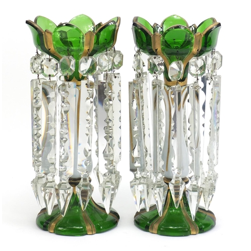 7 - Pair of 19th century Bohemian white overlaid green glass lustres with drops, each 31.5cm high