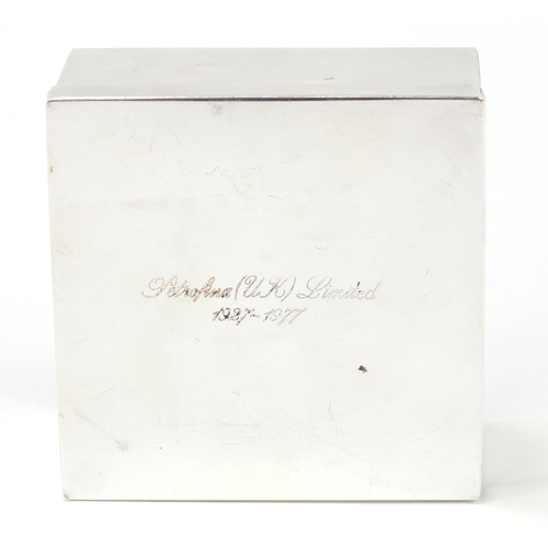 1071 - Garrard & Co silver plated box presented by the Chairman and Board of Directors of Petrofina, 10.5cm... 