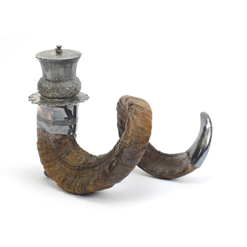 82 - 19th century horn table mull with silver plated mounts, 31cm in length