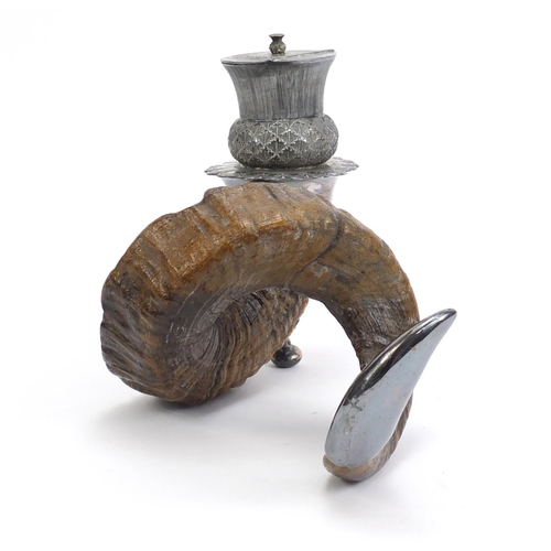 82 - 19th century horn table mull with silver plated mounts, 31cm in length