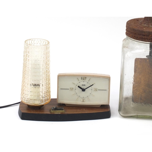 1002 - Vintage sundry items including a Metamic clock/lamp and Eagle vacuum bottle