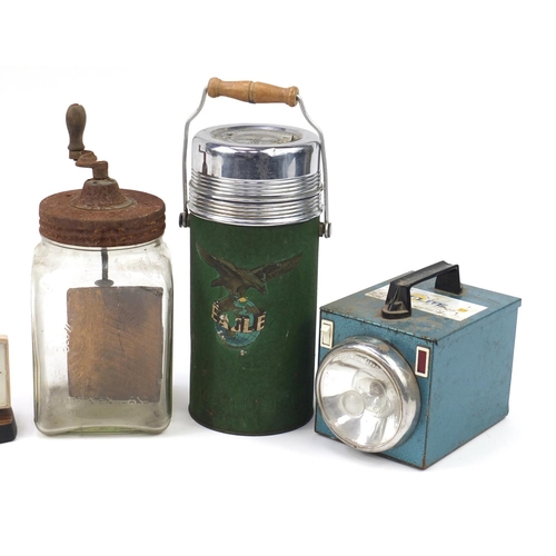 1002 - Vintage sundry items including a Metamic clock/lamp and Eagle vacuum bottle