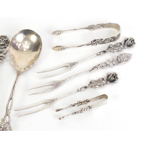 462 - German 800 grade silver cutlery including forks and sugar tongs, housed in a WMS boxes, the largest ... 