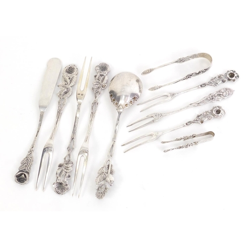 462 - German 800 grade silver cutlery including forks and sugar tongs, housed in a WMS boxes, the largest ... 