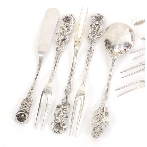 462 - German 800 grade silver cutlery including forks and sugar tongs, housed in a WMS boxes, the largest ... 