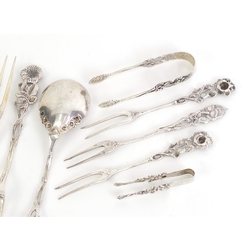 462 - German 800 grade silver cutlery including forks and sugar tongs, housed in a WMS boxes, the largest ... 