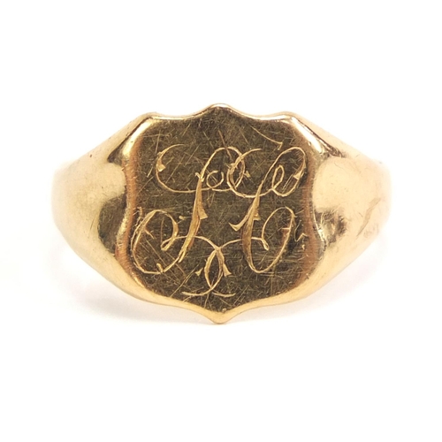 1103 - 18ct gold shield shaped signet ring, size N, 3.4g