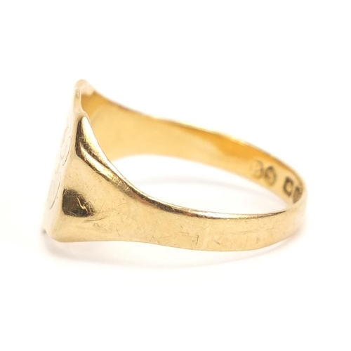 1103 - 18ct gold shield shaped signet ring, size N, 3.4g