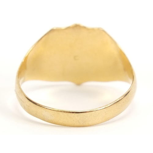 1103 - 18ct gold shield shaped signet ring, size N, 3.4g