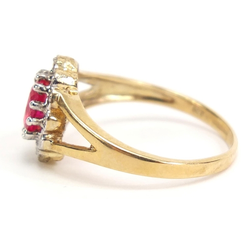 1009 - 9ct gold ruby and diamond ring, size L, 2.0g