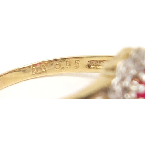 1009 - 9ct gold ruby and diamond ring, size L, 2.0g