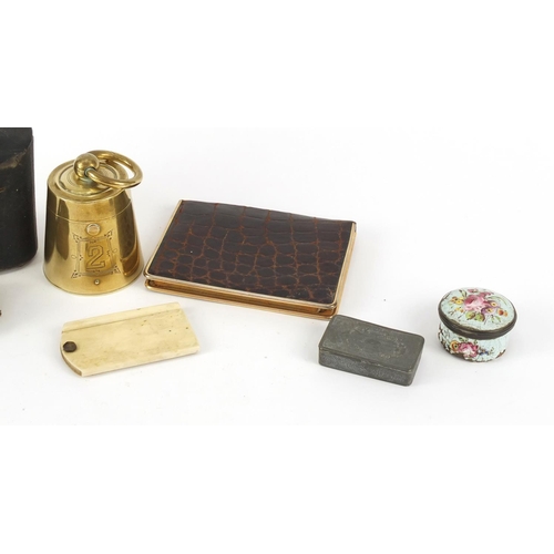 341 - Objects including a Victorian brass weight design inkwell, 18th century enamel patch box, ivory aide... 