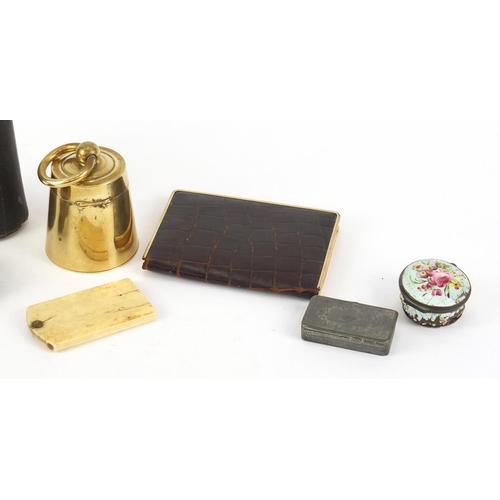 341 - Objects including a Victorian brass weight design inkwell, 18th century enamel patch box, ivory aide... 