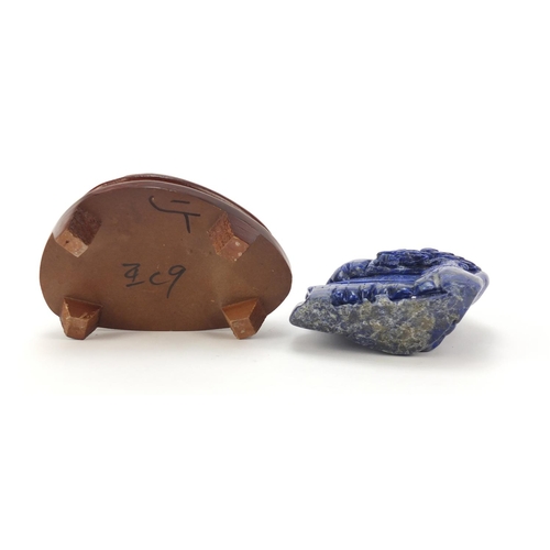 230 - Chinese lapis lazuli fragment carved with buildings amongst mountains raised on a wood stand, the ca... 