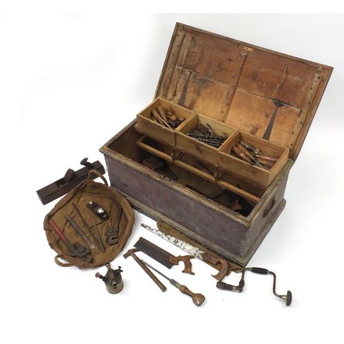 1616 - Victorian pine tool chest housing Victorian and later tools including planes, saws and chisels