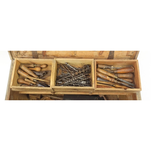 1616 - Victorian pine tool chest housing Victorian and later tools including planes, saws and chisels